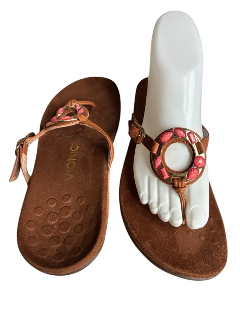 Vionic Ricci Sandals 7 Brown Leather Pink Gem Thong Comfort
